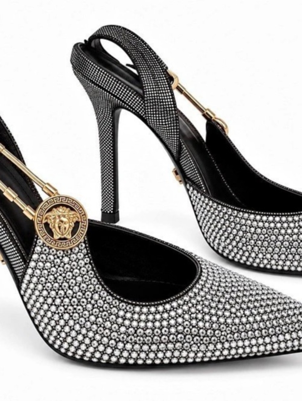 Versace Safety Pin Crystal Slingback Pump in Black & Gold